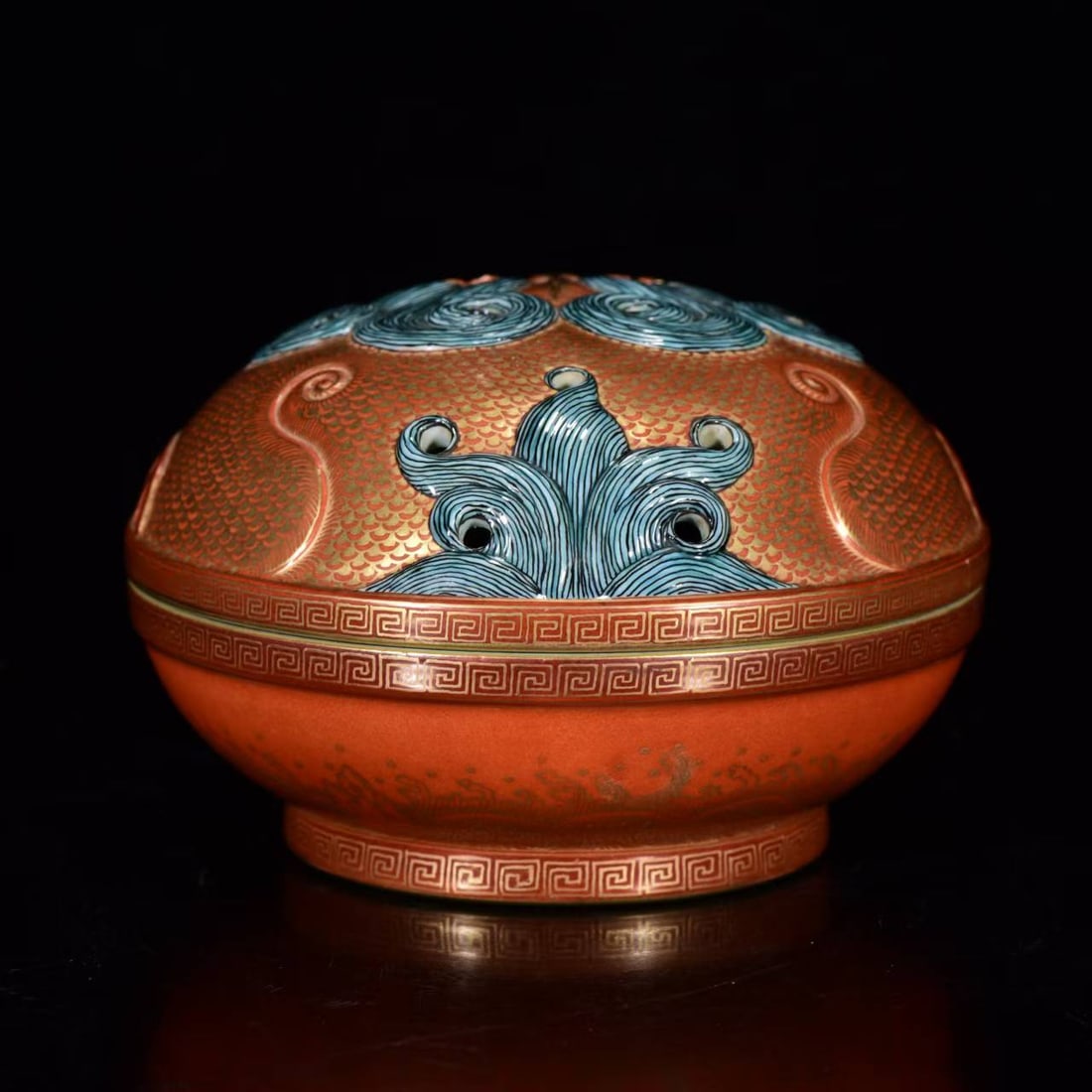 Gilt Gold Iron Red Glaze Lion Porcelain Incense Burner - 2