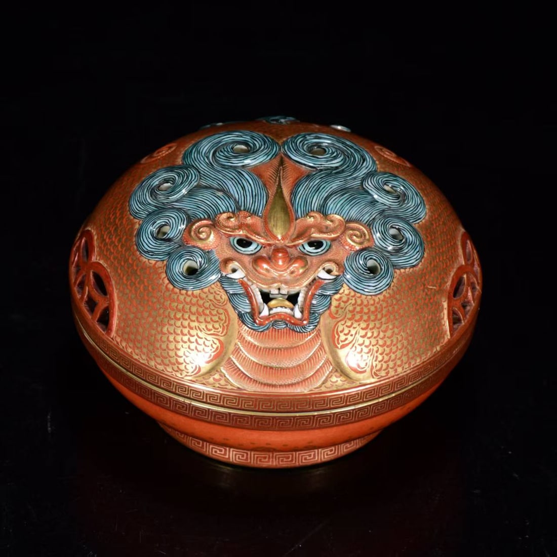 Gilt Gold Iron Red Glaze Lion Porcelain Incense Burner - 3