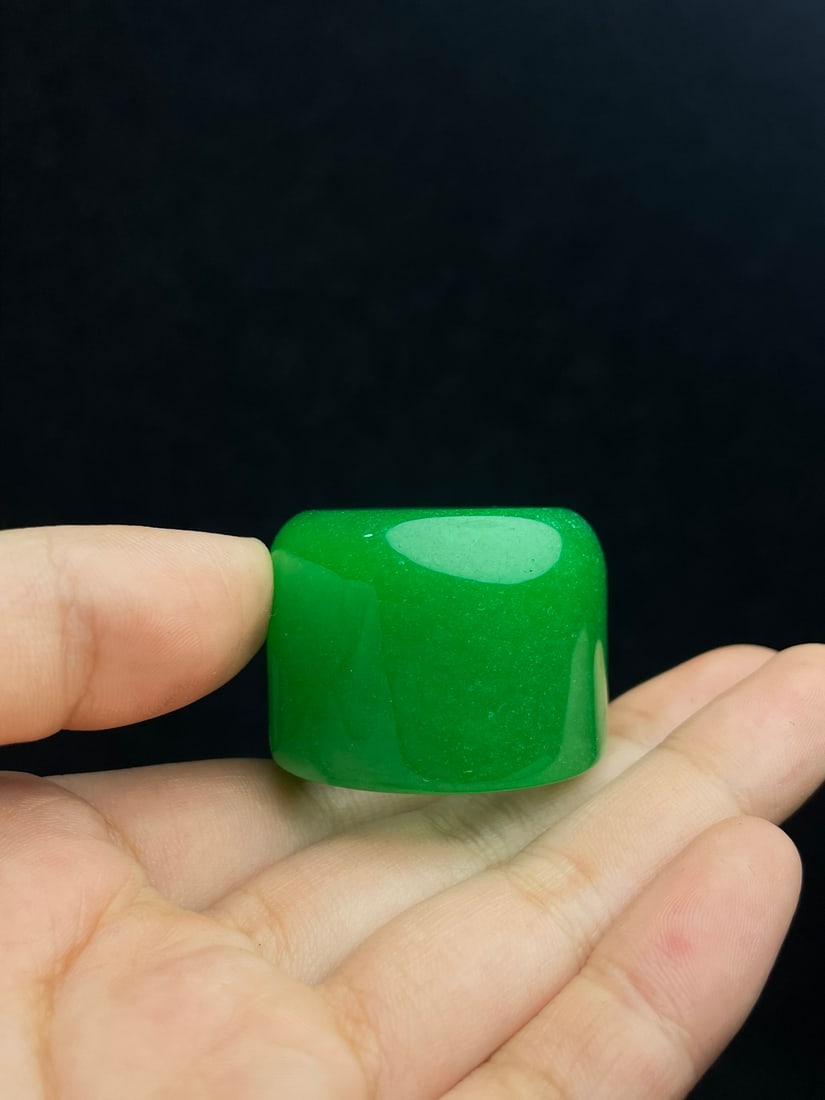 Three Green Jade Thumb Ring w Wood Inlay Shell Thumb Ring Box - 5