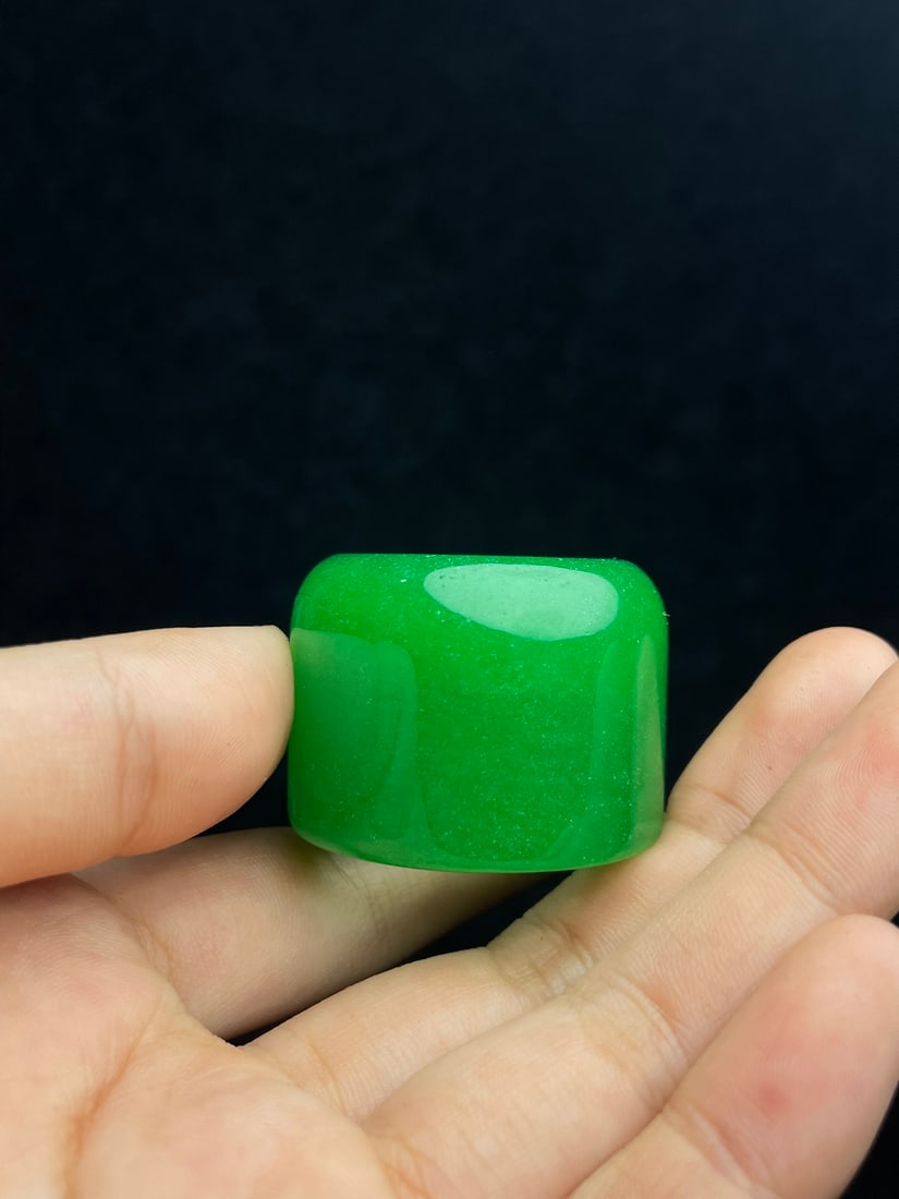 Three Green Jade Thumb Ring w Wood Inlay Shell Thumb Ring Box - 6