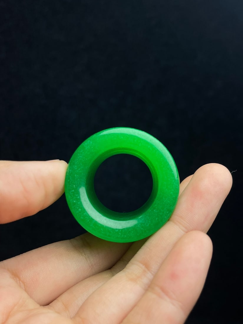 Three Green Jade Thumb Ring w Wood Inlay Shell Thumb Ring Box - 8