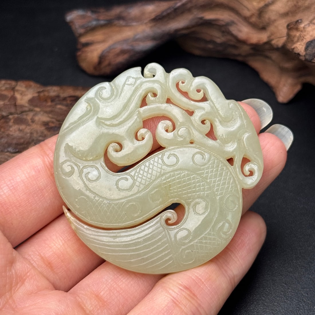 Old Hetian Jade Pendant - Dragon - 9