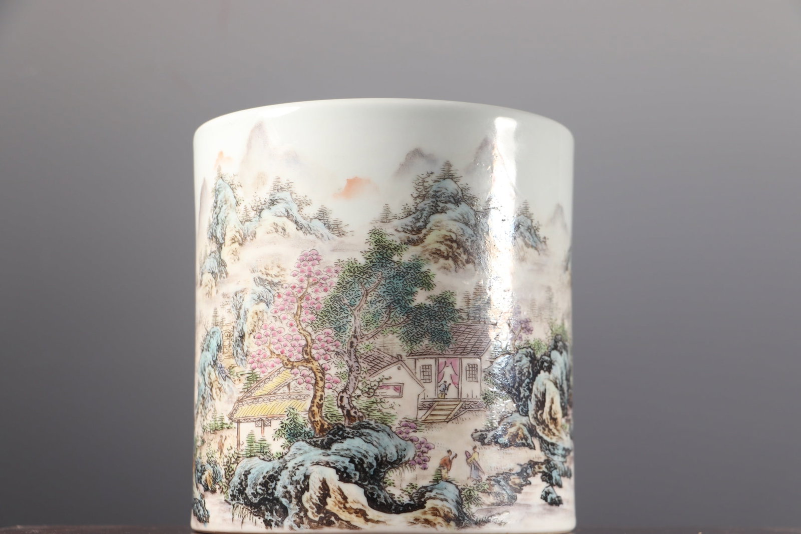 Chinese Famille Rose Mountain River Scene Design Porcelain Brush Pot (1 of 8)