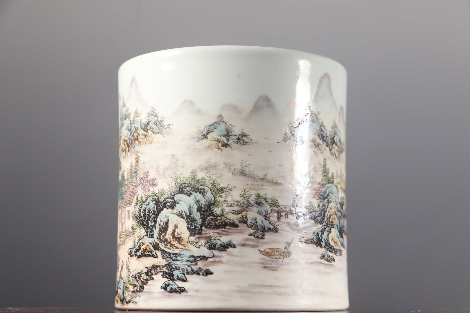 Chinese Famille Rose Mountain River Scene Design Porcelain Brush Pot - 3