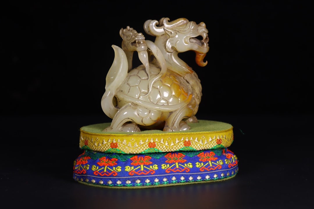 Vintage Hetian Jade Dragon Turtle Statue - 2
