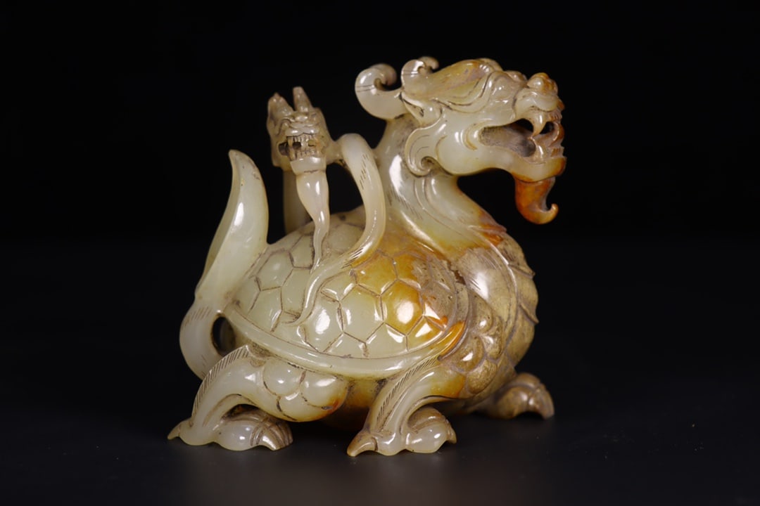 Vintage Hetian Jade Dragon Turtle Statue - 4