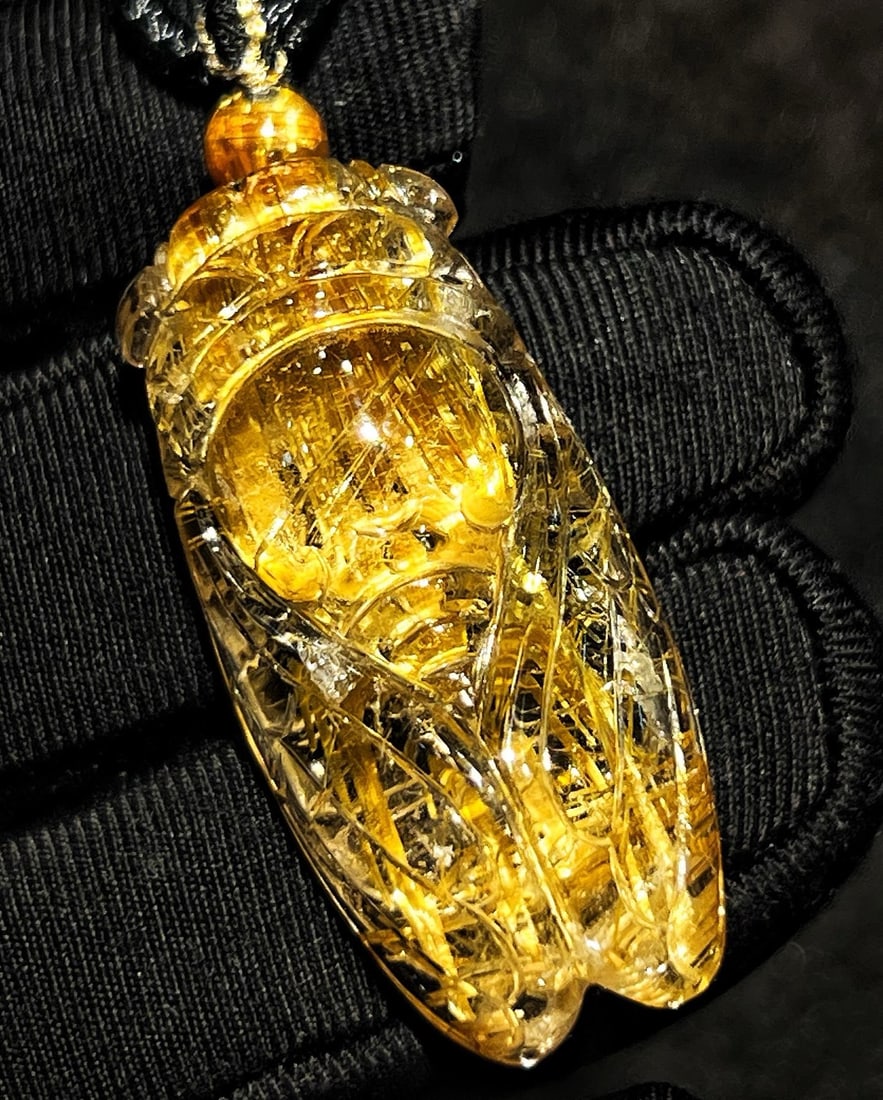 Superb Natural Rutilated Quartz Pendant - Cicada - 2