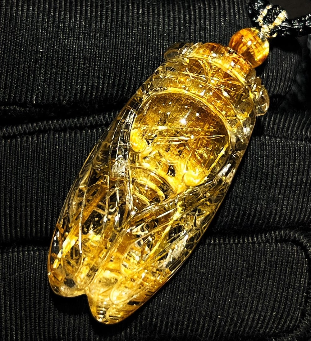 Superb Natural Rutilated Quartz Pendant - Cicada - 6