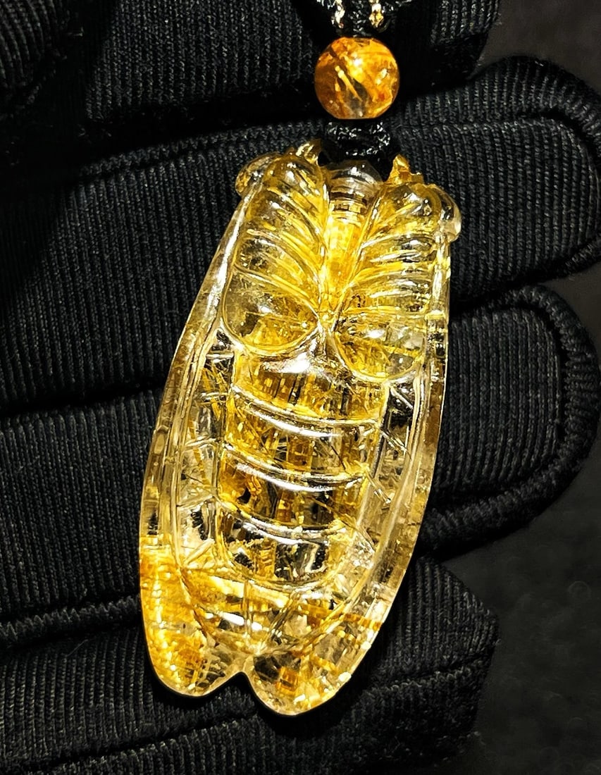 Superb Natural Rutilated Quartz Pendant - Cicada - 9