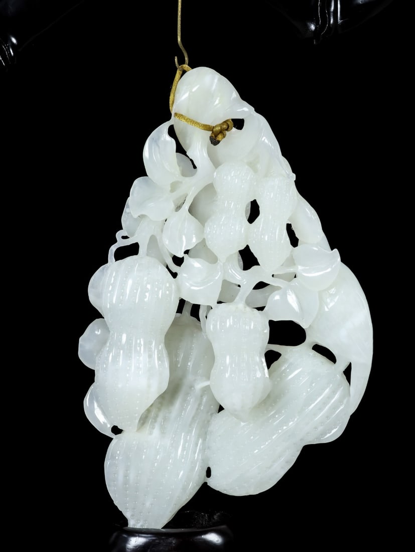 Two Qing Dynasty White Hetian Jade Peanut Statue - 2