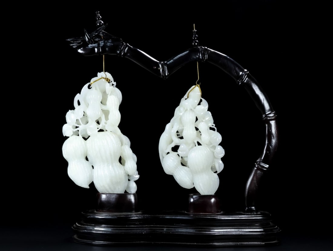 Two Qing Dynasty White Hetian Jade Peanut Statue - 5