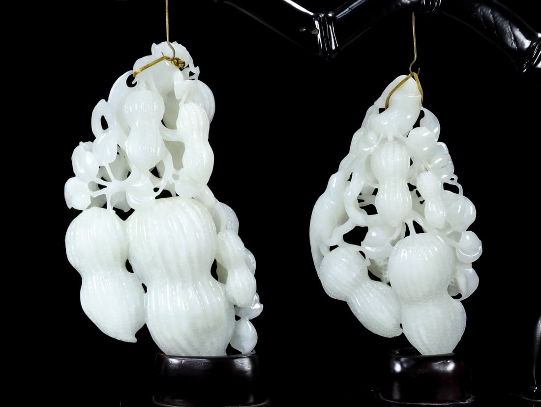Two Qing Dynasty White Hetian Jade Peanut Statue - 8