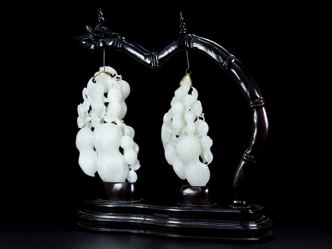 Two Qing Dynasty White Hetian Jade Peanut Statue - 9