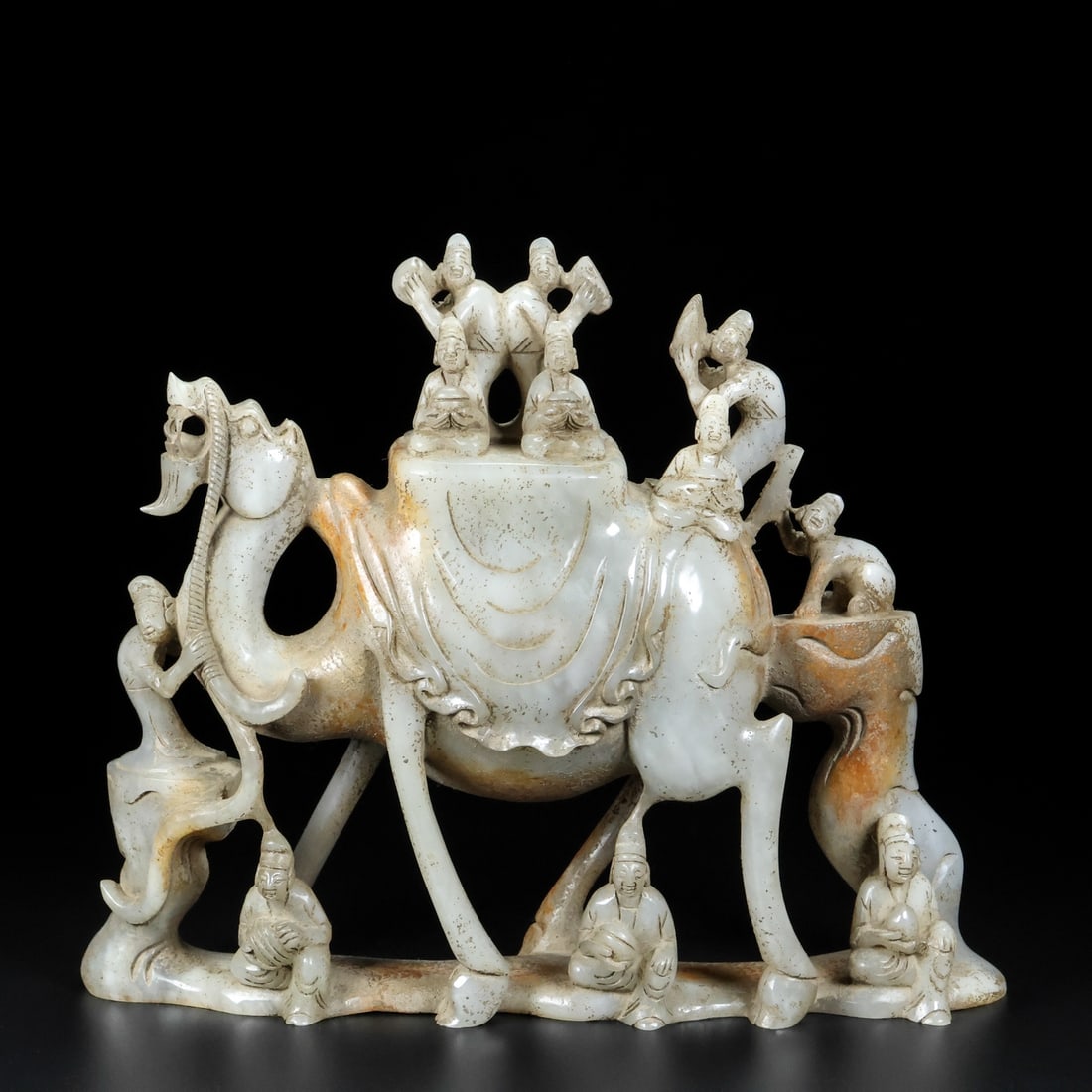 Vintage Hetian Jade Statue - Camel & Figure: Title: Old Hetian Jade Dragon Pendant Date/Period: After2035 Origin: Chinese Dimension: 59x80x25(mm) 2.32x3.15x0.98(inches) Weight 0.35 lbs/157g Materials: Hetian Jade Reserve: $2,399.00 Shipping: Dom