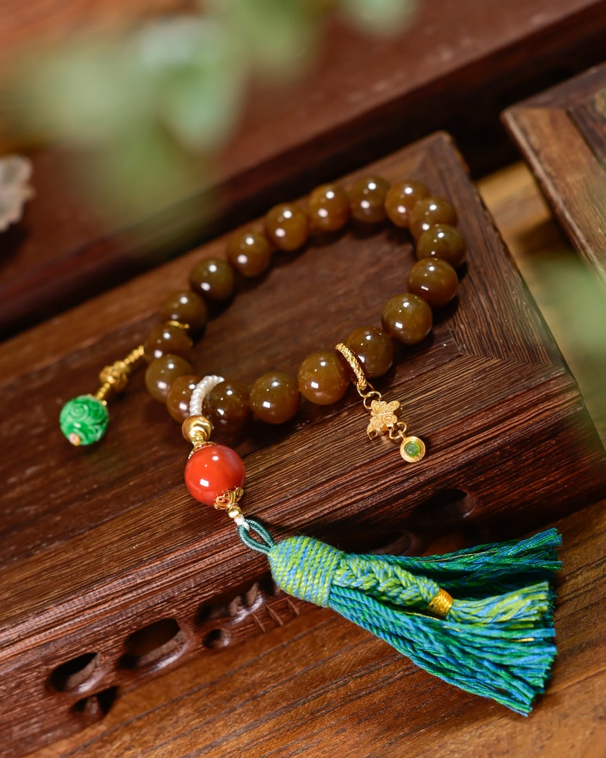 12mm Natural Hetian Jade & Green Jadeite Hand Chain - 2