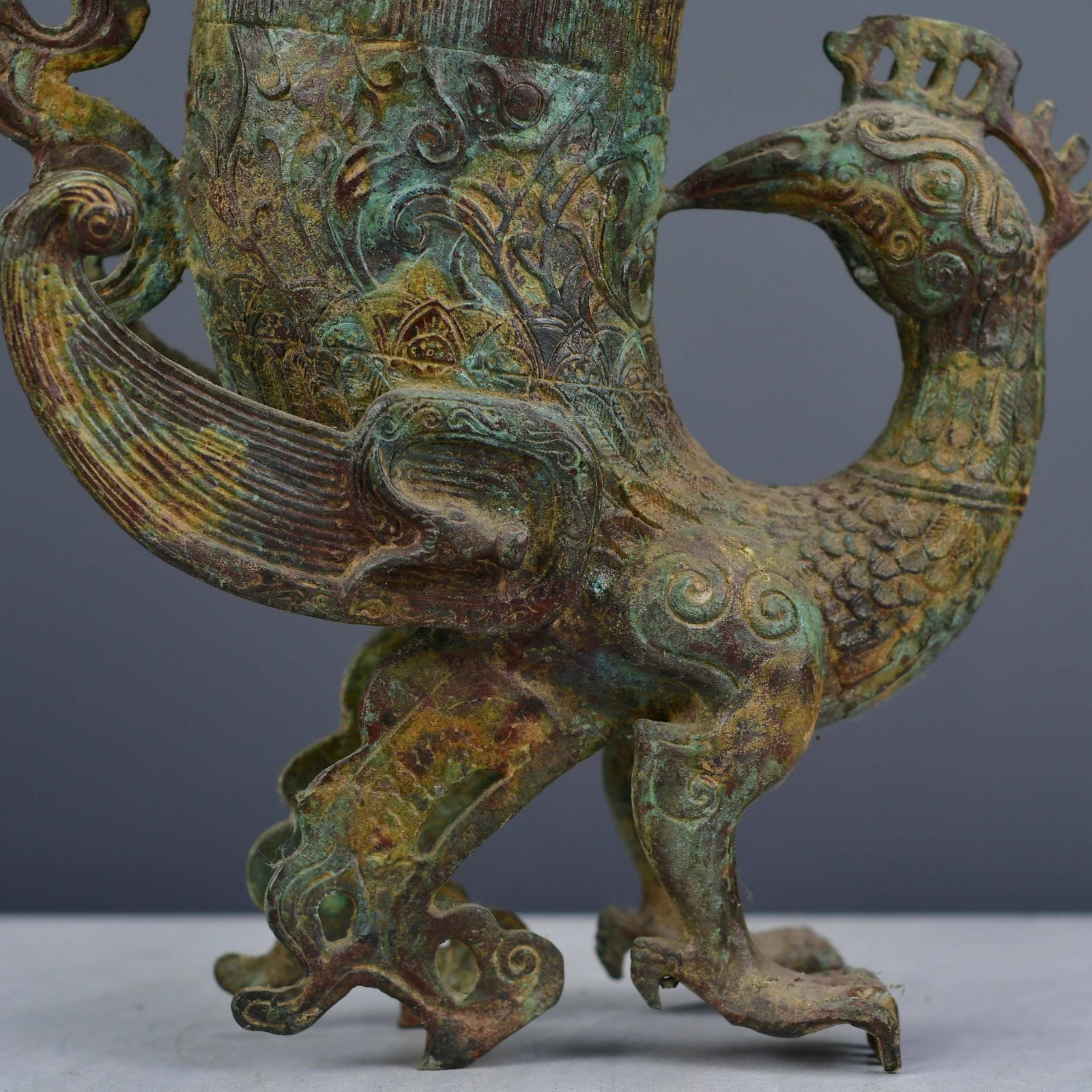 Old Bronze Phoenix Cup Statue - 3
