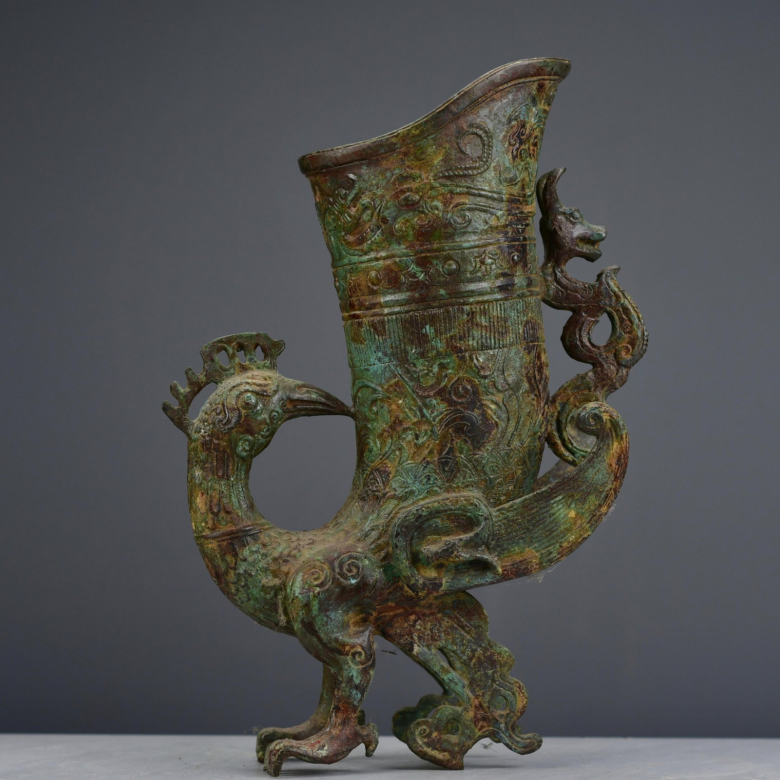 Old Bronze Phoenix Cup Statue - 4