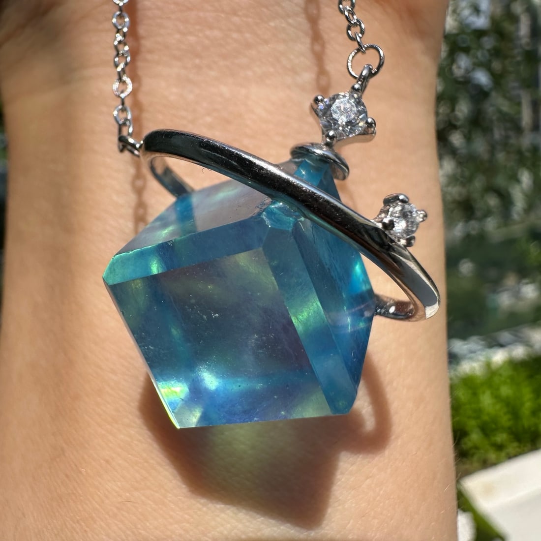 Silver Inlay Natural Aquamarine Square Pendant - 2