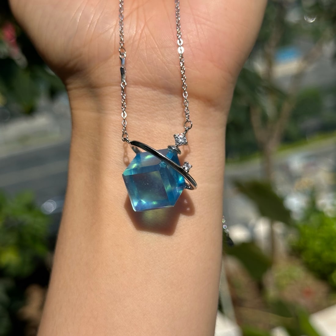 Silver Inlay Natural Aquamarine Square Pendant - 3