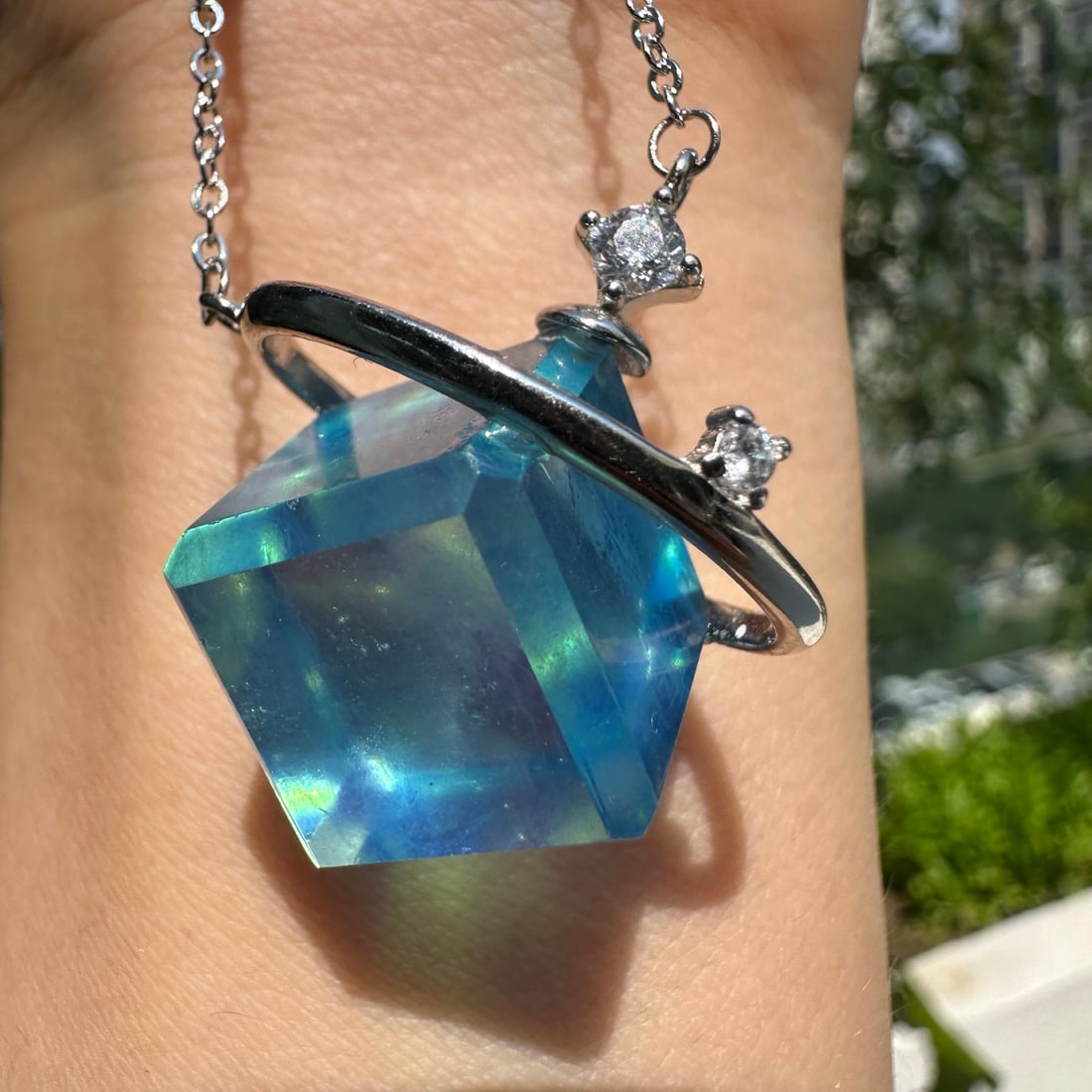 Silver Inlay Natural Aquamarine Square Pendant - 4