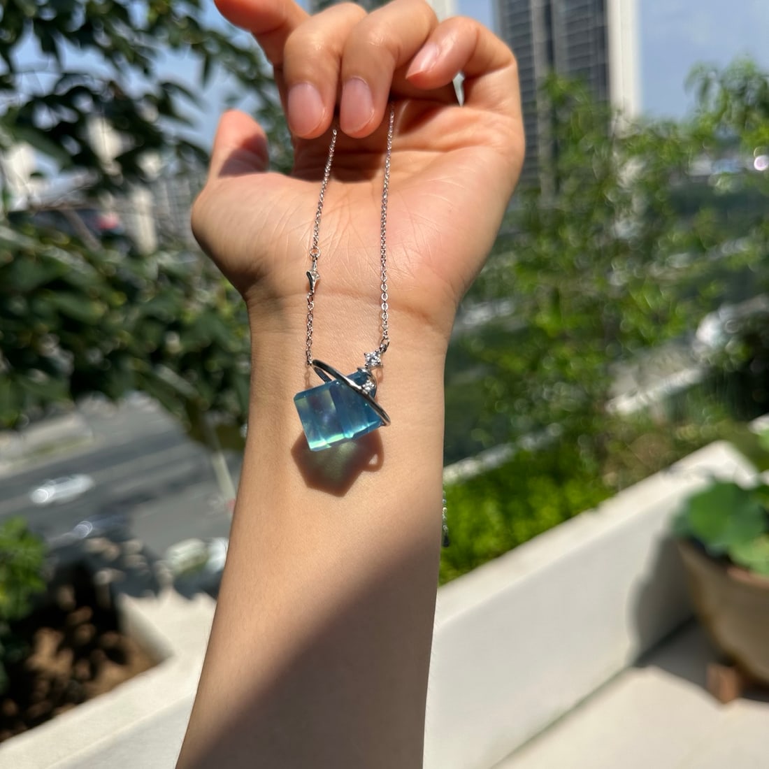 Silver Inlay Natural Aquamarine Square Pendant - 5