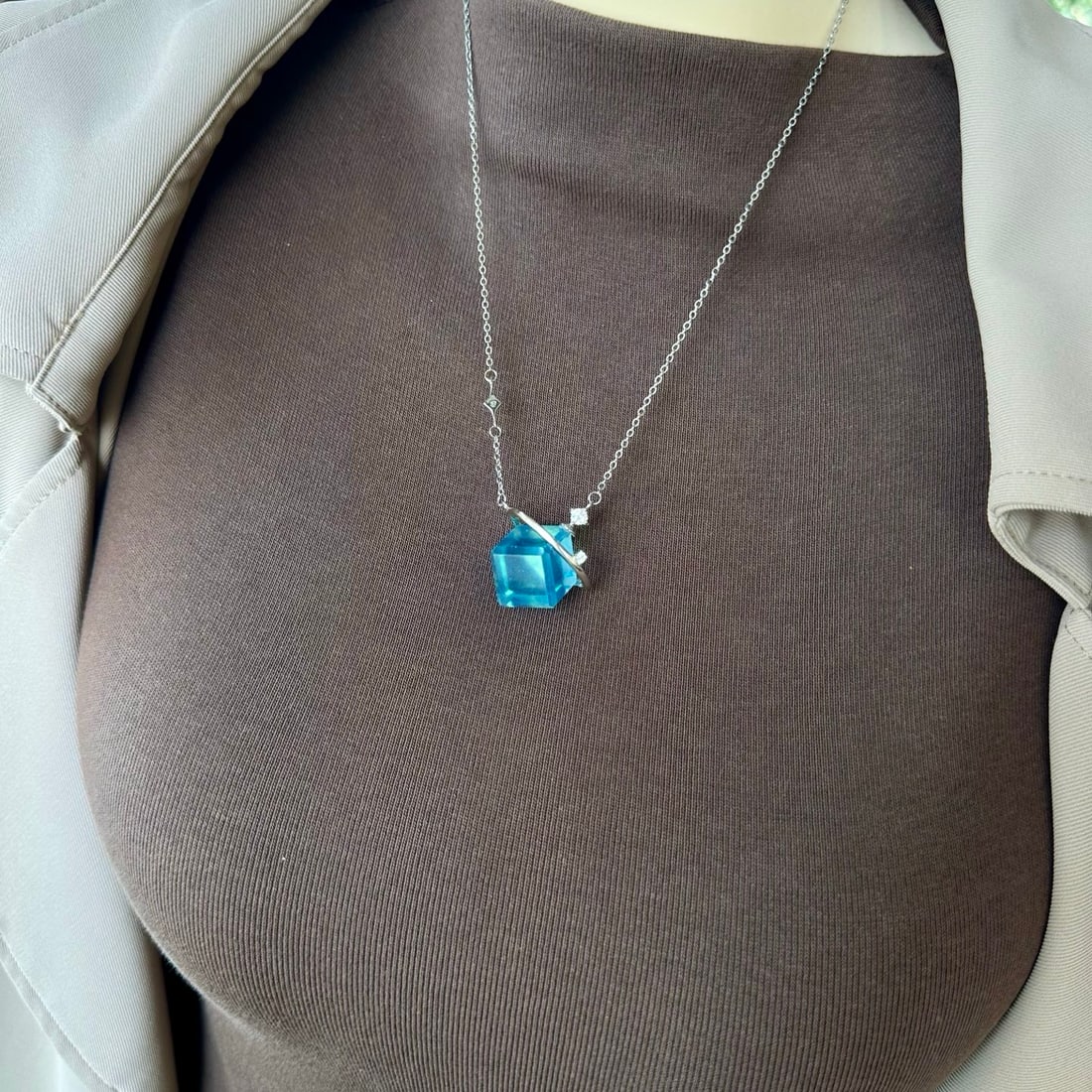 Silver Inlay Natural Aquamarine Square Pendant - 6