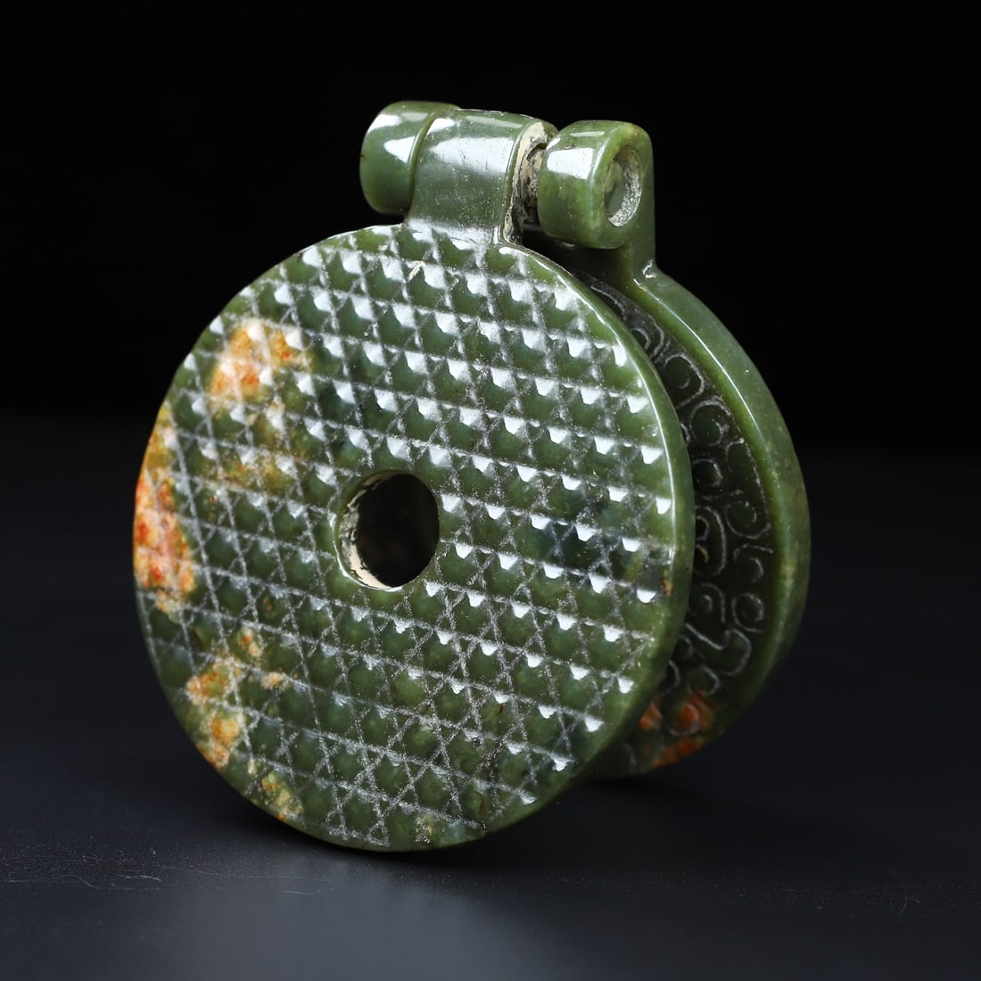 Vintage Green Hetian Jade Bi Statue: Title: Old Hetian Jade Dragon Pendant Date/Period: After2054 Origin: Chinese Dimension: 59x80x25(mm) 2.32x3.15x0.98(inches) Weight 0.35 lbs/157g Materials: Hetian Jade Reserve: $499.00 Shipping: Domes