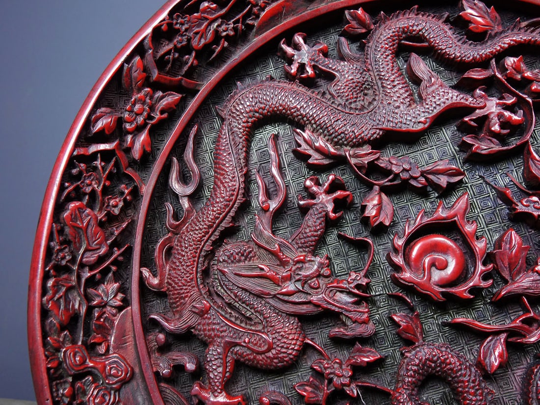 Old Red Lacquerware Double Dragon Plate - 2