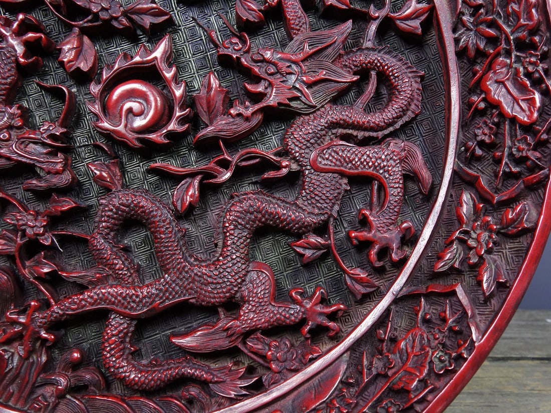 Old Red Lacquerware Double Dragon Plate - 3
