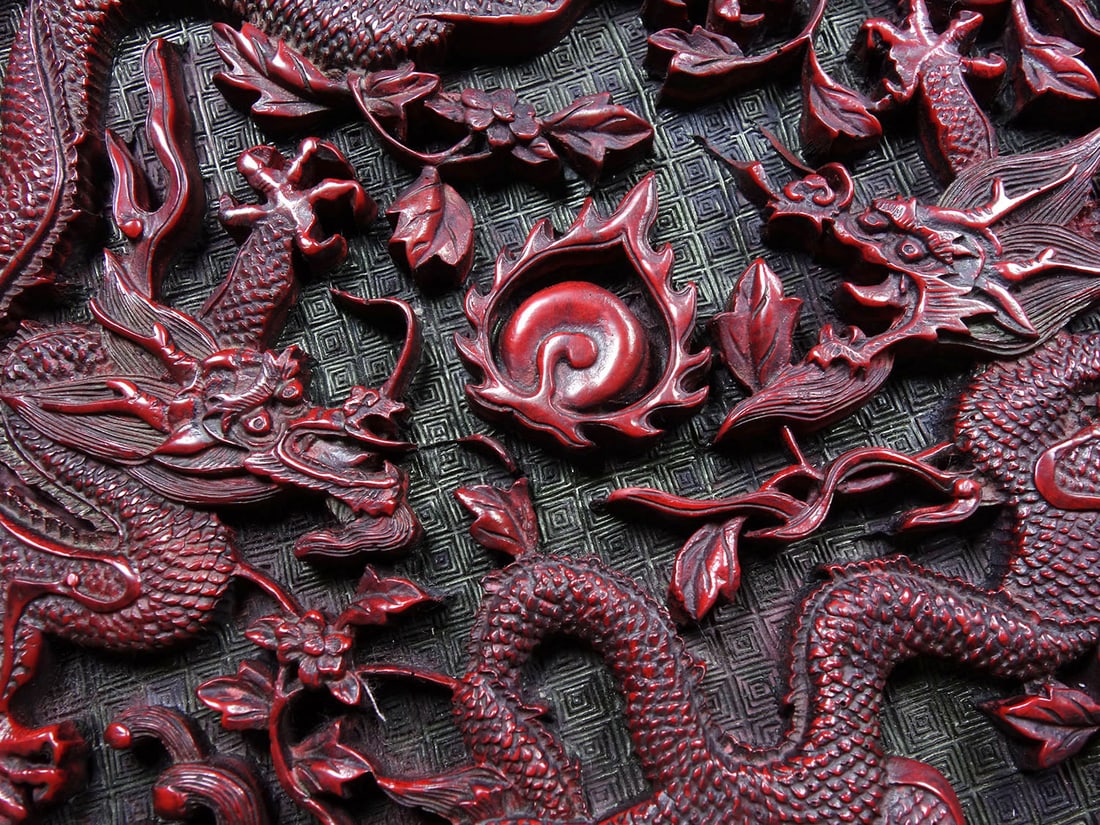 Old Red Lacquerware Double Dragon Plate - 4