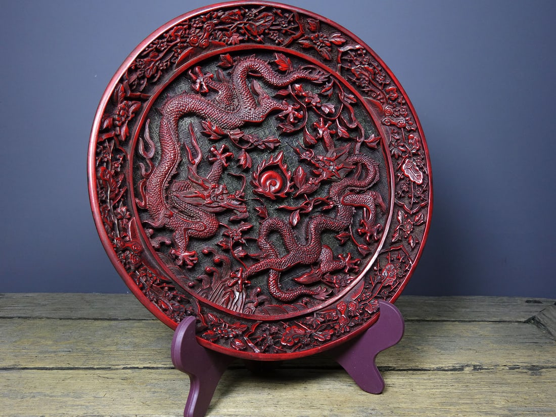 Old Red Lacquerware Double Dragon Plate - 5