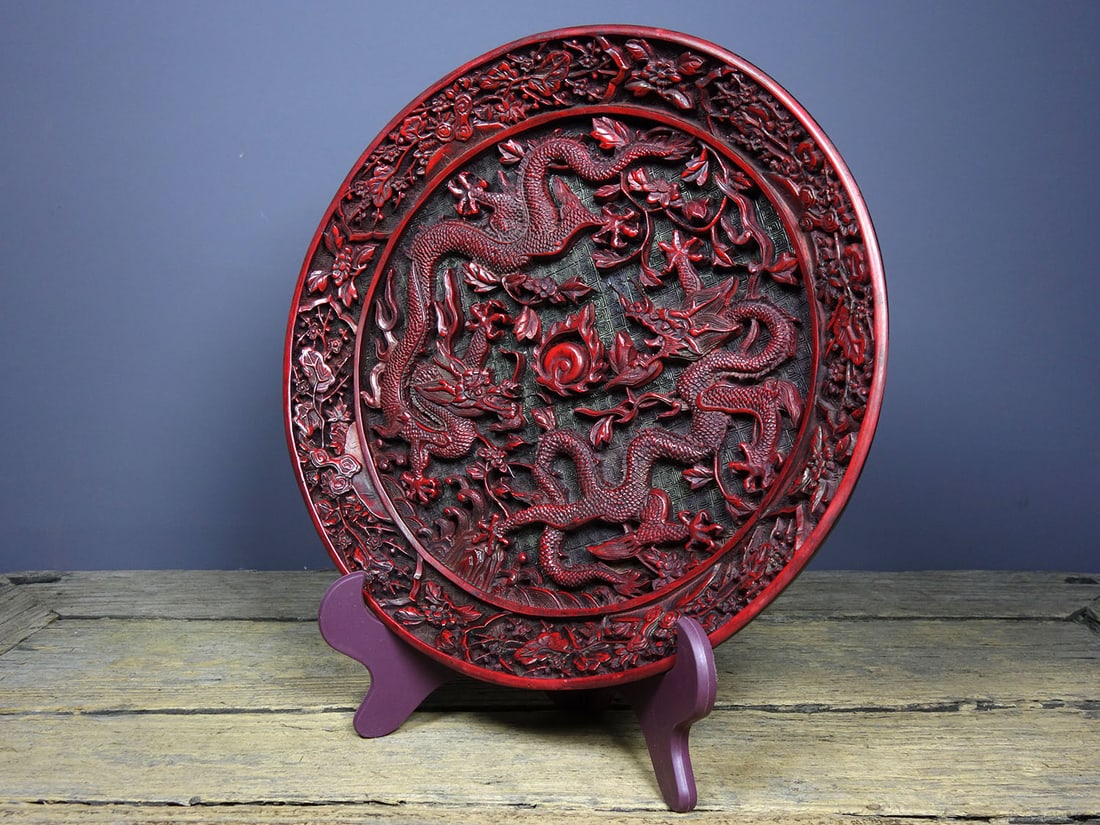 Old Red Lacquerware Double Dragon Plate - 6