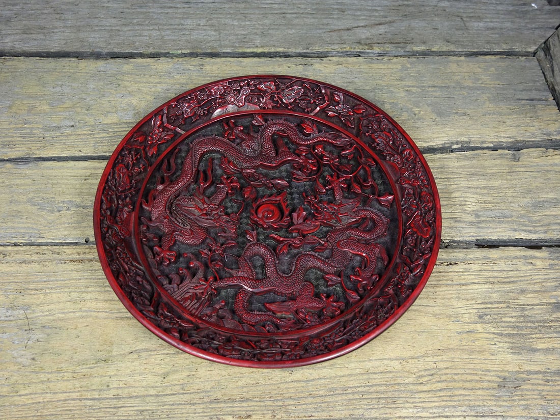 Old Red Lacquerware Double Dragon Plate - 8