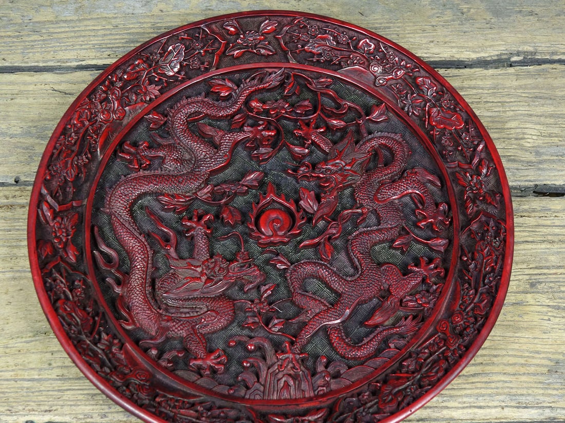 Old Red Lacquerware Double Dragon Plate - 9