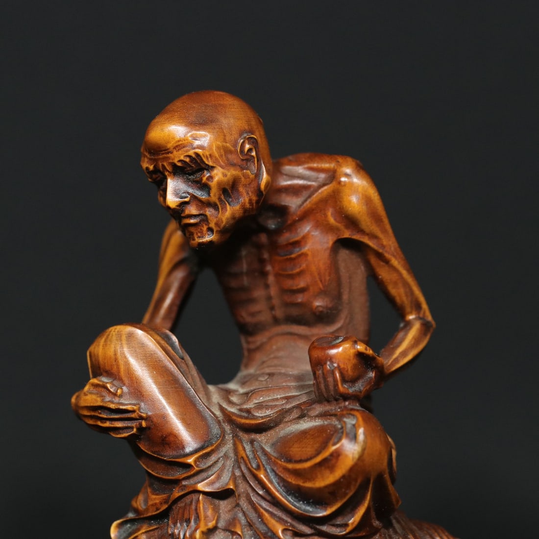 Vintage Boxwood Wood Carved Dharma Statue - 5