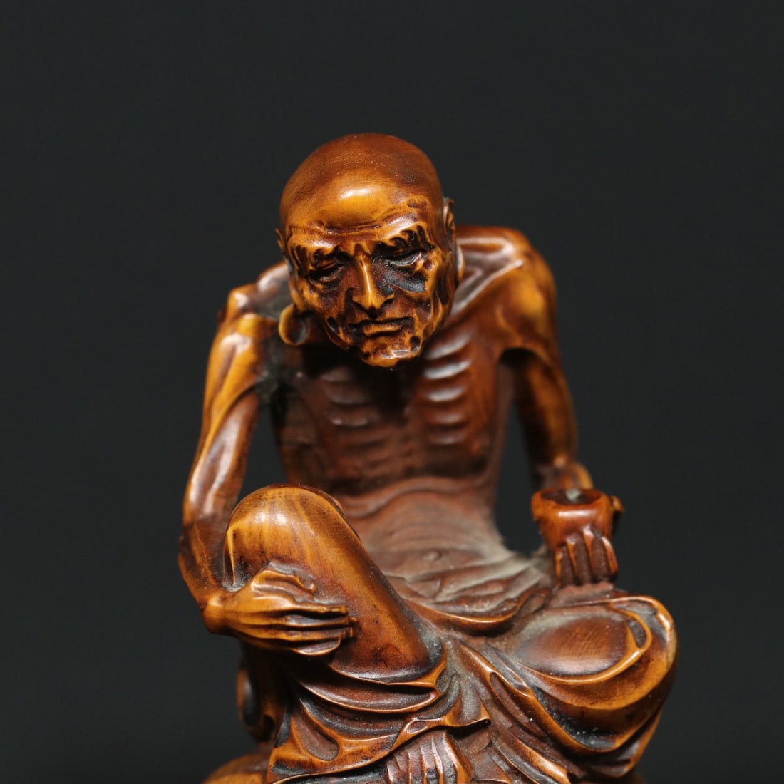 Vintage Boxwood Wood Carved Dharma Statue - 7