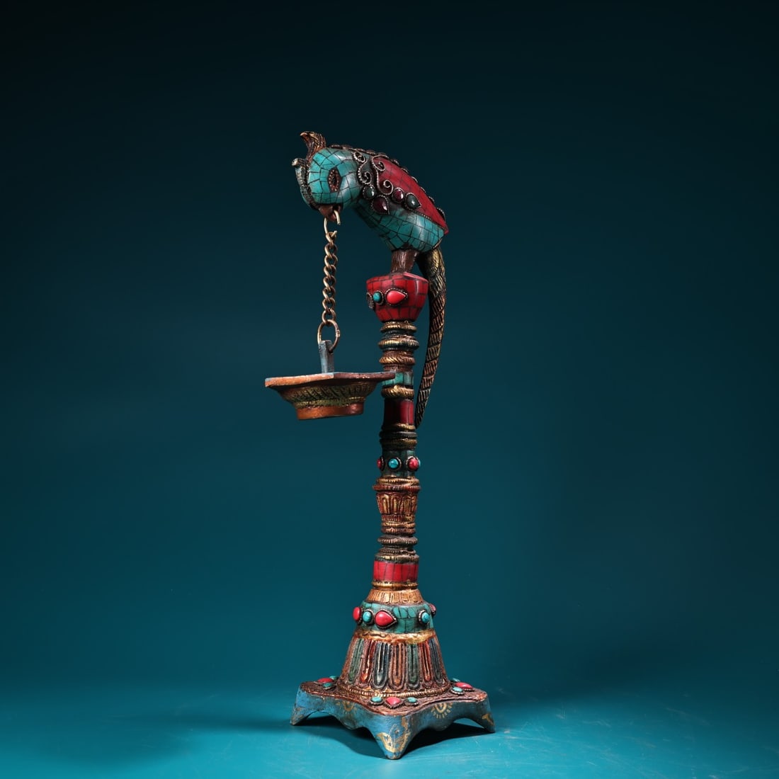 Old Tibetan Gilt Gold Bronze Inlay Turquoise & Gem Parrot Oil Lamp Statue - 2