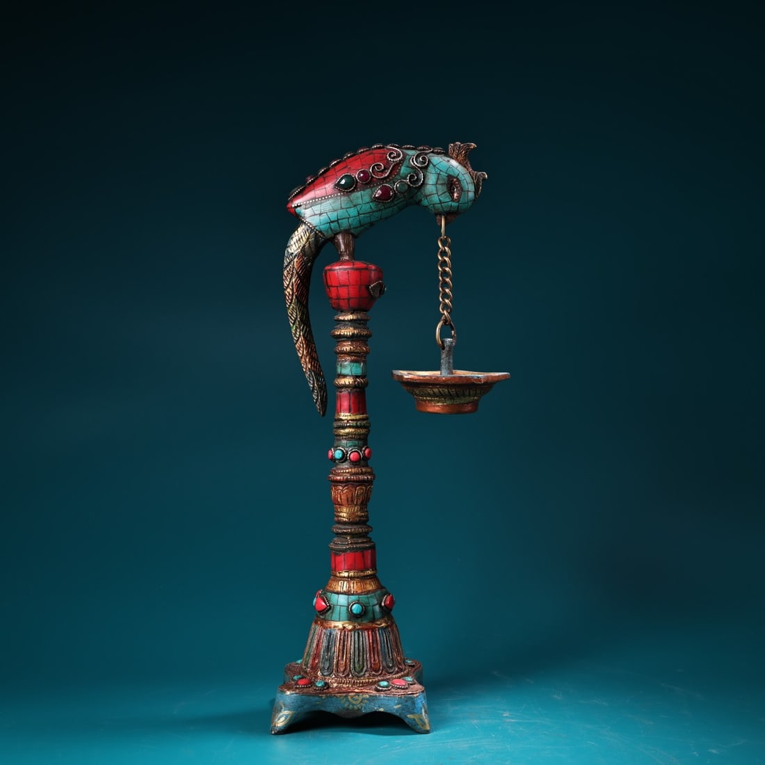 Old Tibetan Gilt Gold Bronze Inlay Turquoise & Gem Parrot Oil Lamp Statue - 3