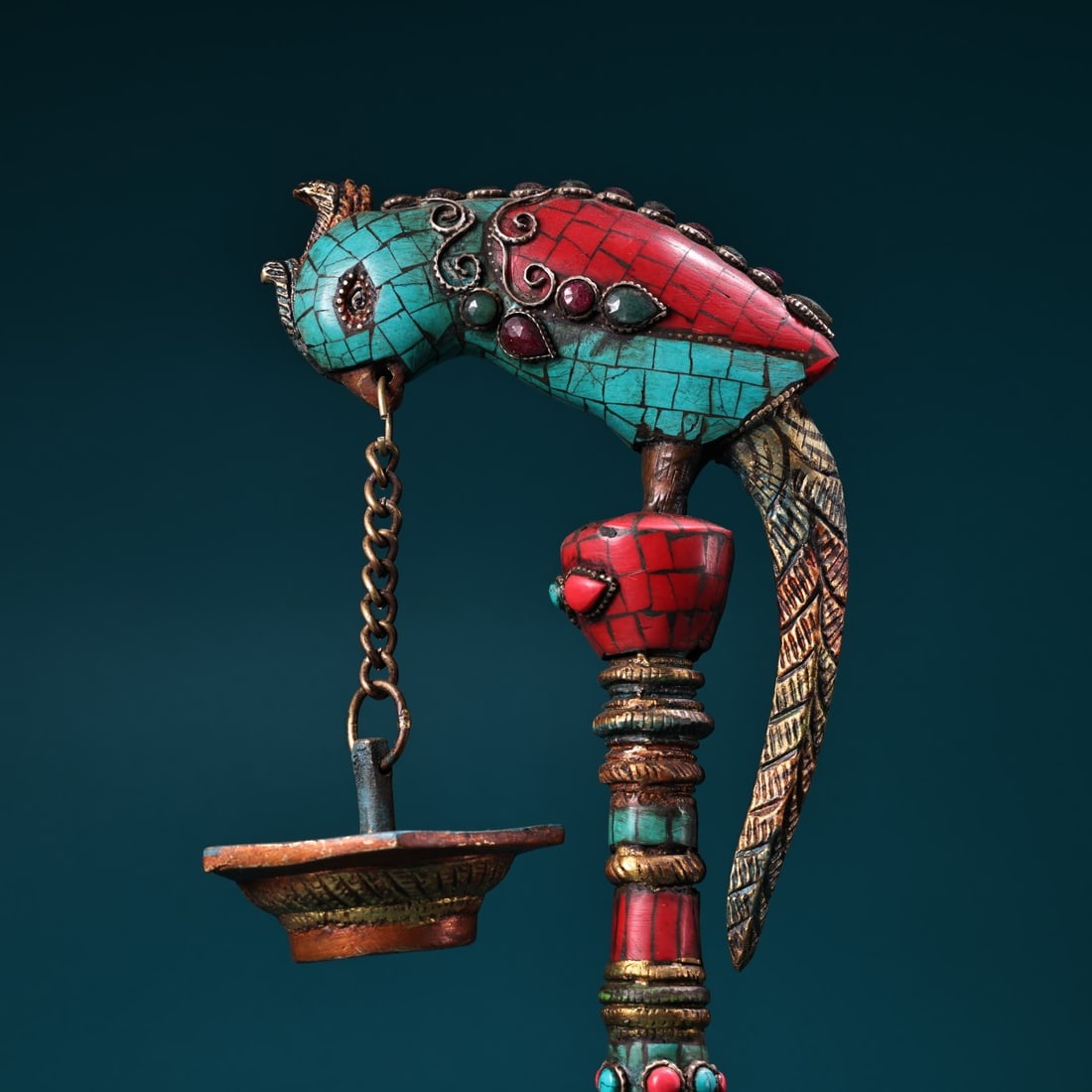 Old Tibetan Gilt Gold Bronze Inlay Turquoise & Gem Parrot Oil Lamp Statue - 4