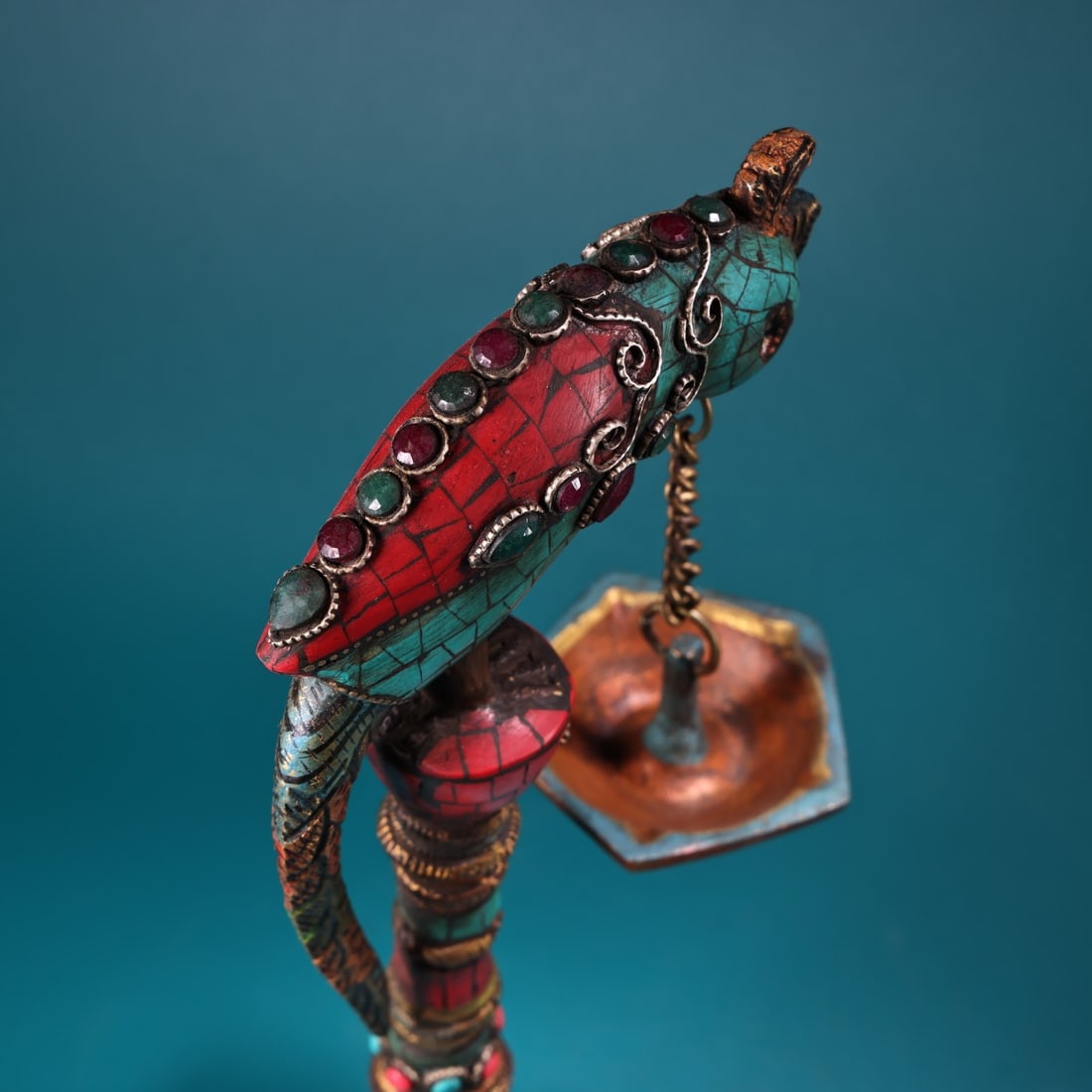 Old Tibetan Gilt Gold Bronze Inlay Turquoise & Gem Parrot Oil Lamp Statue - 6