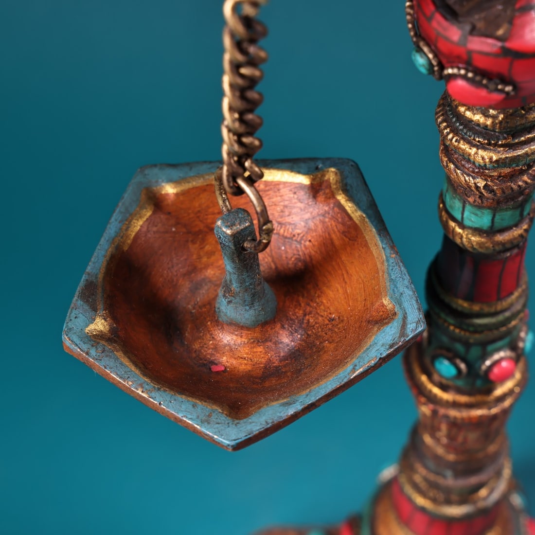Old Tibetan Gilt Gold Bronze Inlay Turquoise & Gem Parrot Oil Lamp Statue - 9