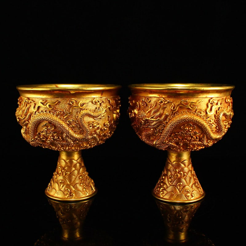 A Pair Chinese Gilt Gold Bronze Wine Cups w Double Dragon Chasing Fire Ball - 2