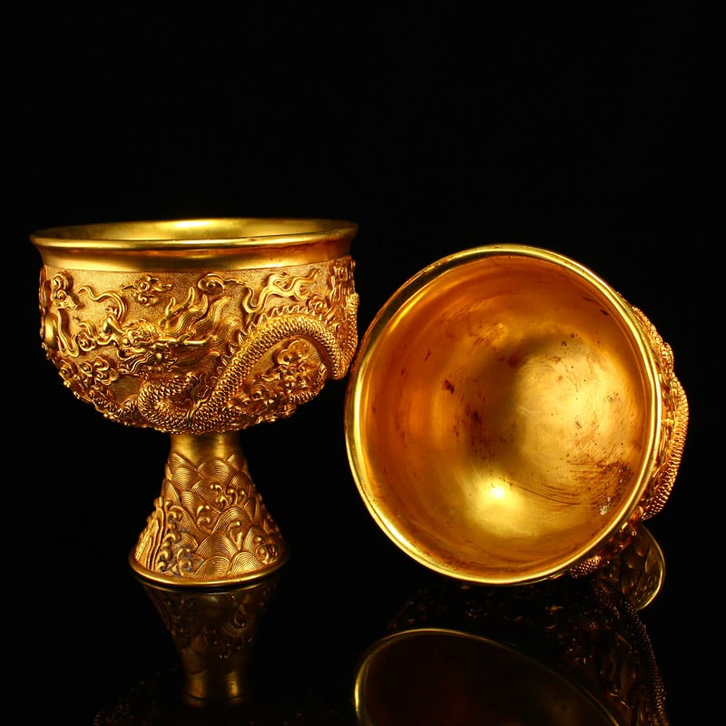 A Pair Chinese Gilt Gold Bronze Wine Cups w Double Dragon Chasing Fire Ball - 3