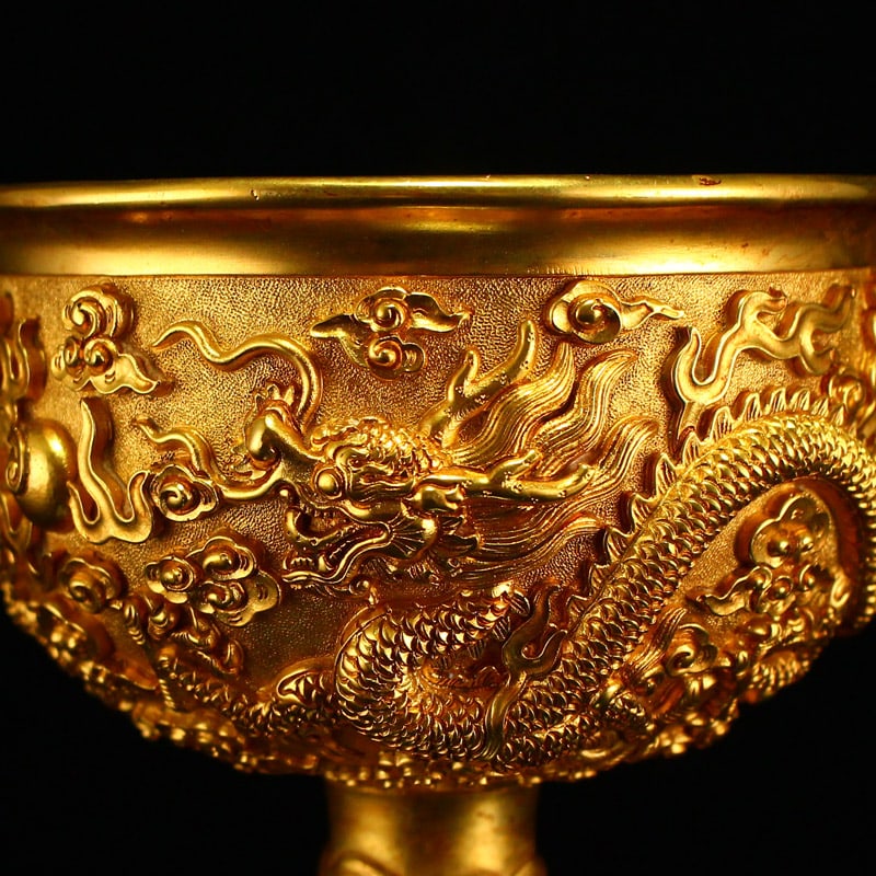 A Pair Chinese Gilt Gold Bronze Wine Cups w Double Dragon Chasing Fire Ball - 4
