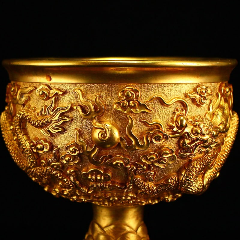 A Pair Chinese Gilt Gold Bronze Wine Cups w Double Dragon Chasing Fire Ball - 5