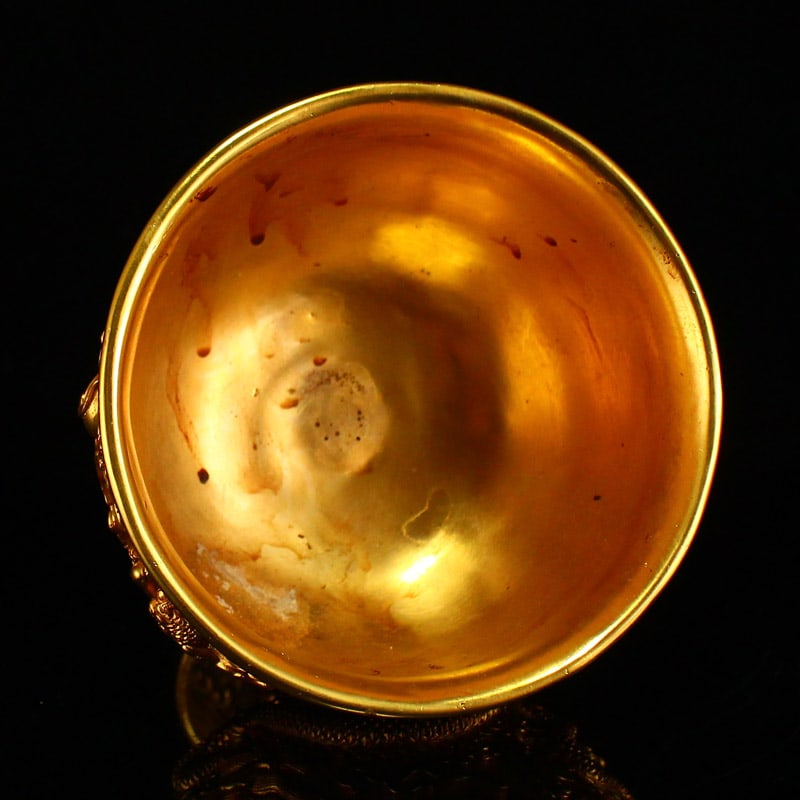 A Pair Chinese Gilt Gold Bronze Wine Cups w Double Dragon Chasing Fire Ball - 6