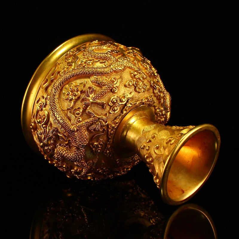 A Pair Chinese Gilt Gold Bronze Wine Cups w Double Dragon Chasing Fire Ball - 7