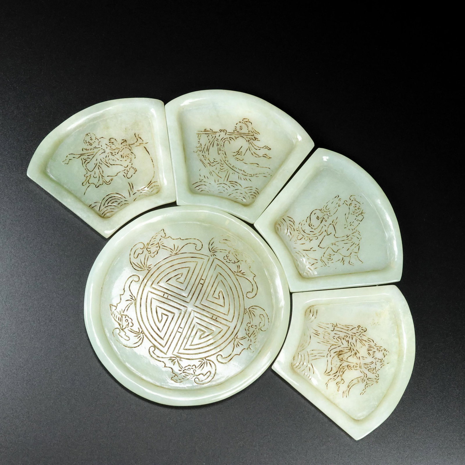 A Set Chinese Hetian Jade Small Plate - 5