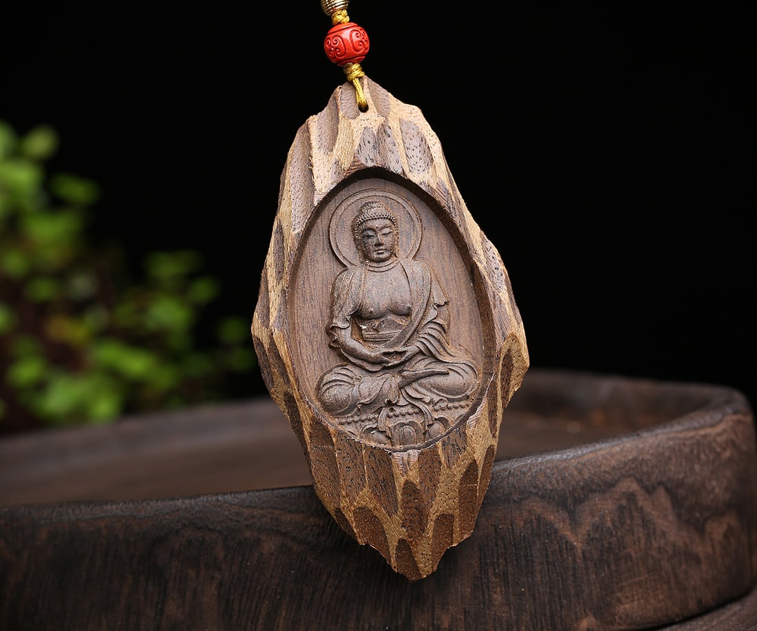 Chenxiang Wood Hand Carved Buddha Pendant w Necklace - 3