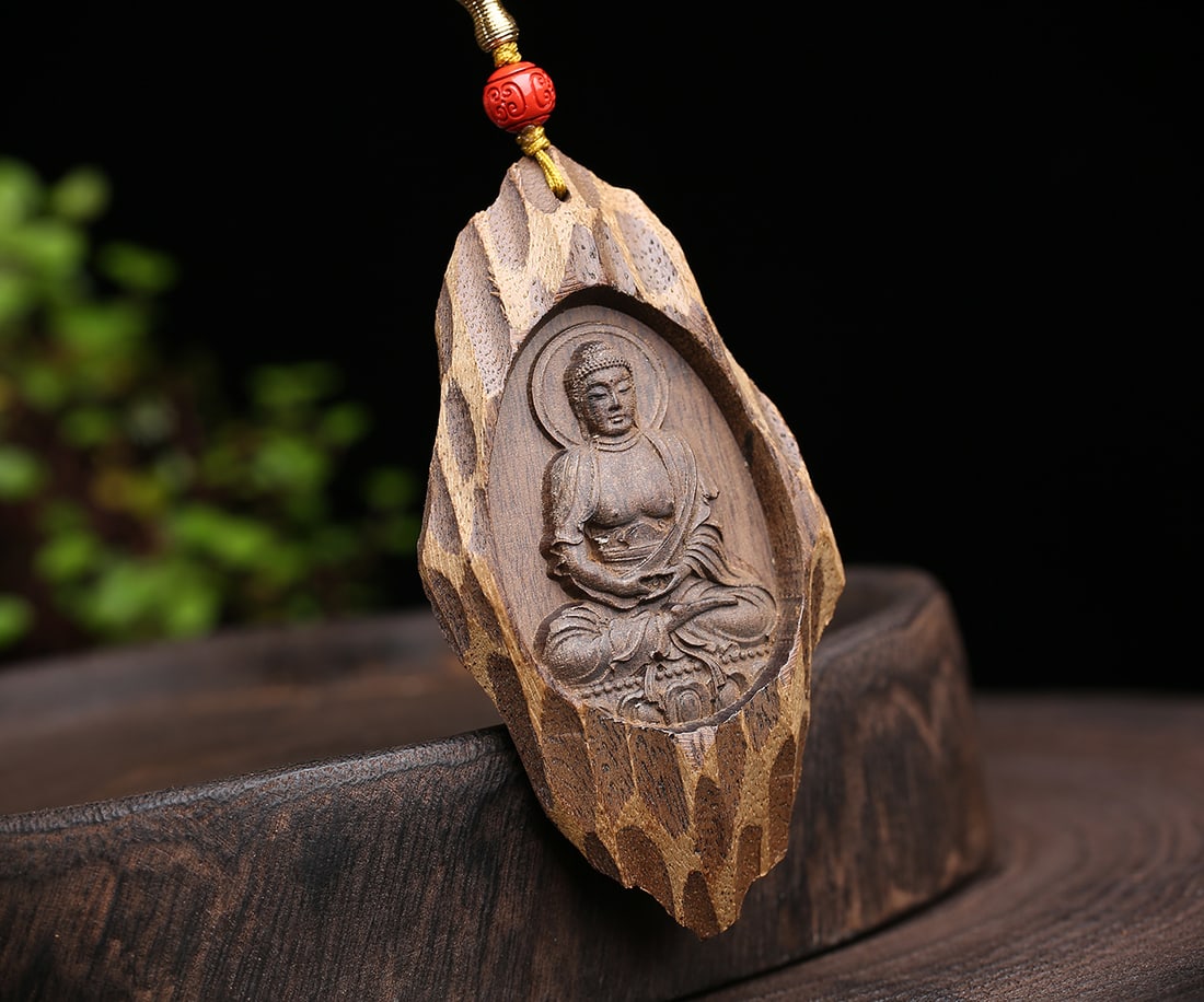 Chenxiang Wood Hand Carved Buddha Pendant w Necklace - 4